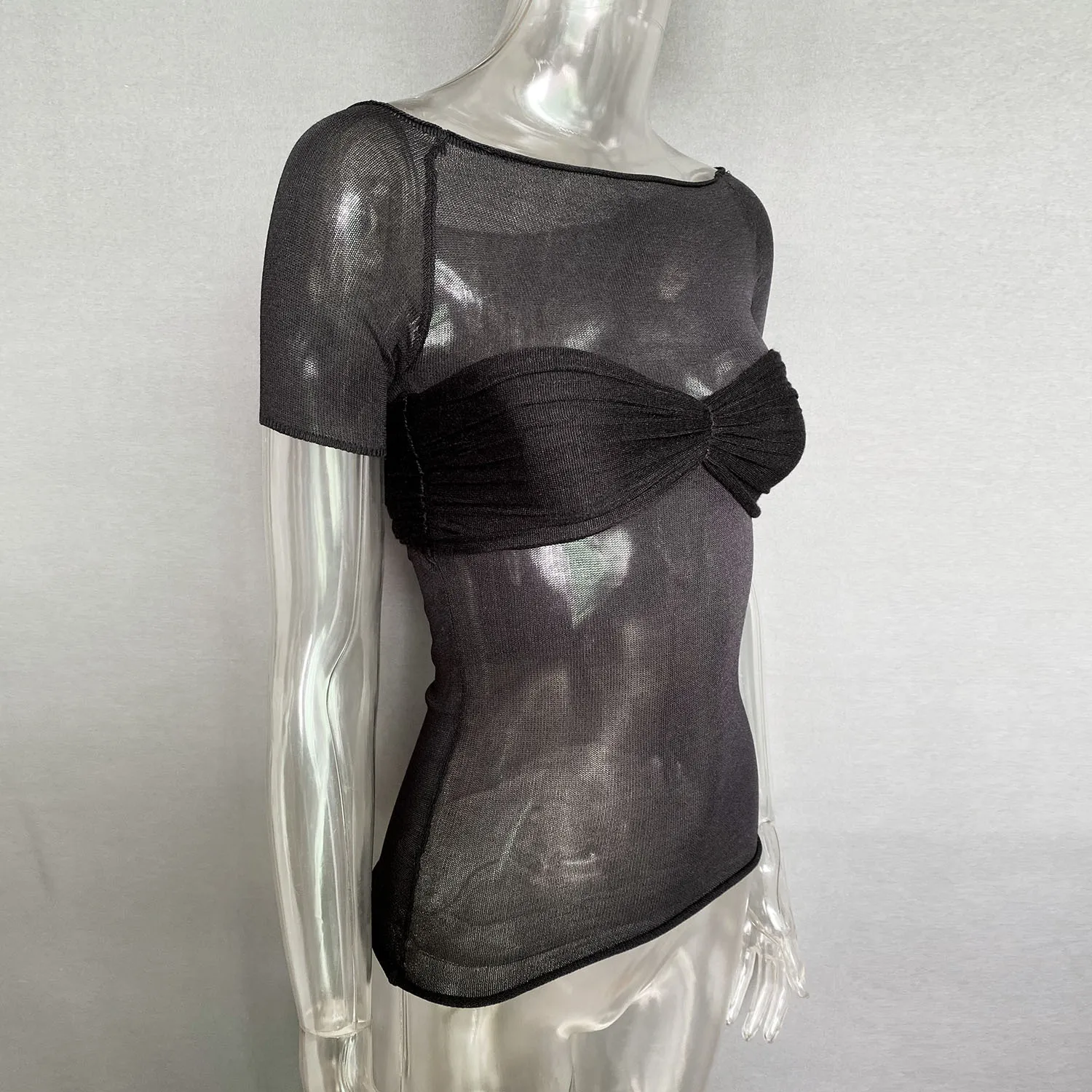 Short Sleeve Mesh Top Shirt For Women Off-Shoulder See-Through Knit Sexy Pullover Summer Sheer New 2025 Ladies T-shirt