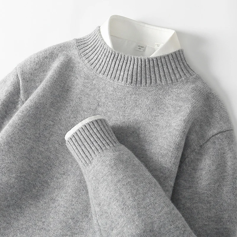 WOTEEWS 100% pure wool men's semi high neck sweater loose knit business casual men's long sleeved pullover sweater new product