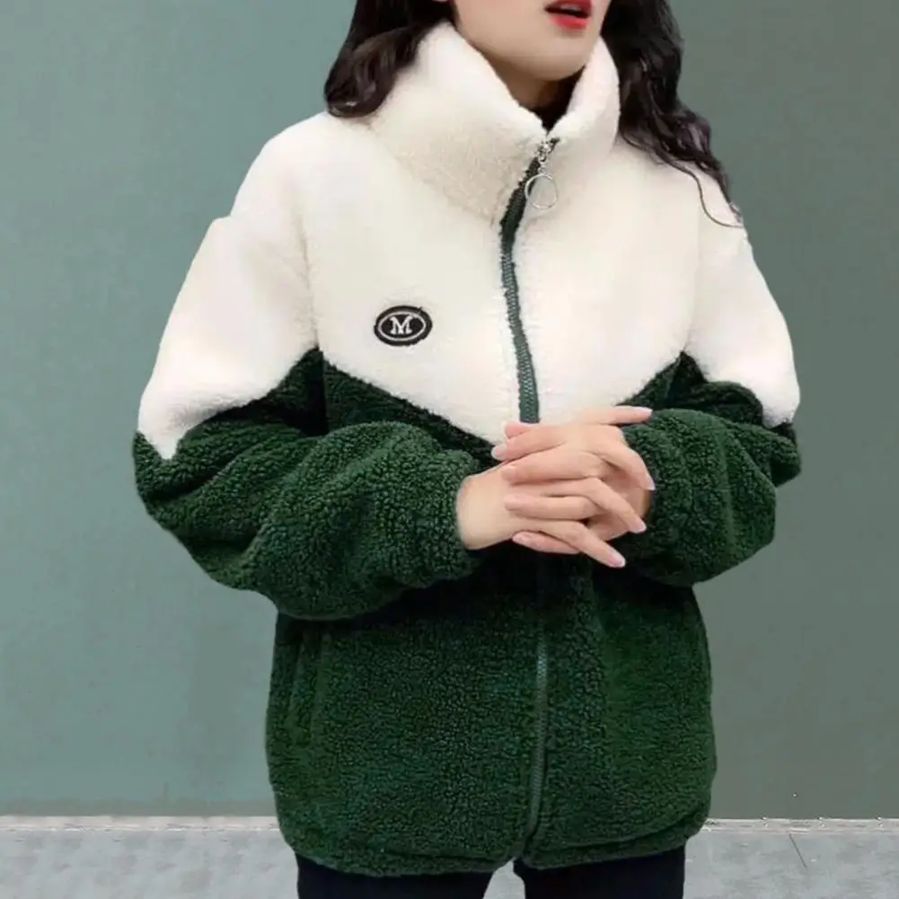 

Colorblocked Jacket Plush Winter Coat with Color Matching Stand Collar Zipper Closure for Women Long Sleeve Cardigan for Fall