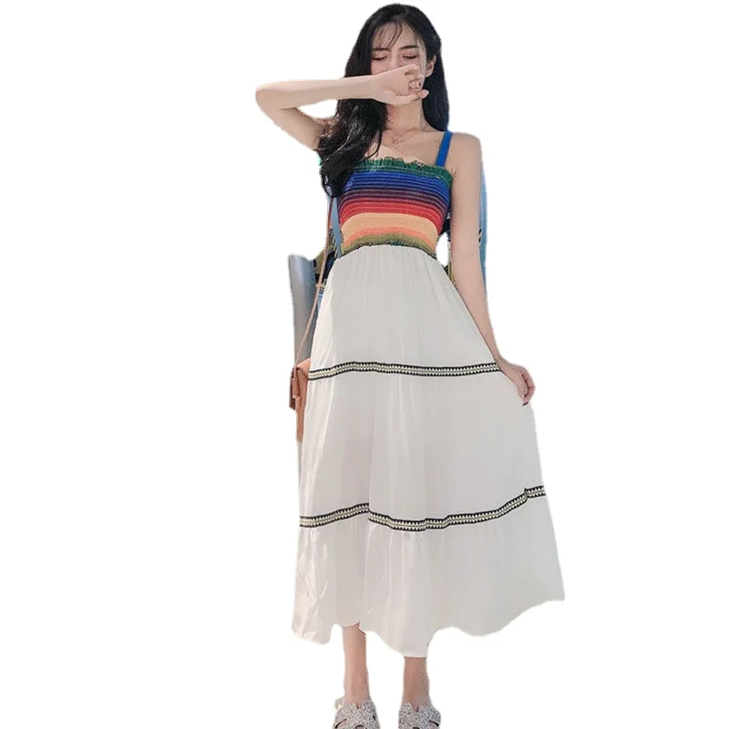 

Small Fresh and Sweet One-neck Striped Cake Dress Women's Long Skirt with Shoulder Straps