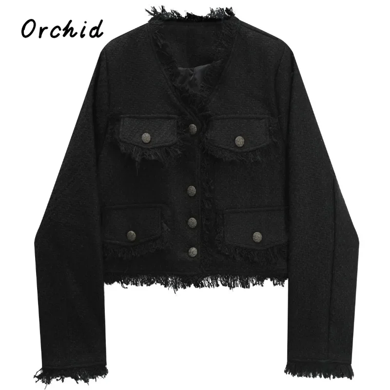 

Korean Style Luxury Jacket Women Black V-neck Flap Pocket Fringe Trim Coat 2023 Autumn Winter Harajuku Fashion Casual Coats Top