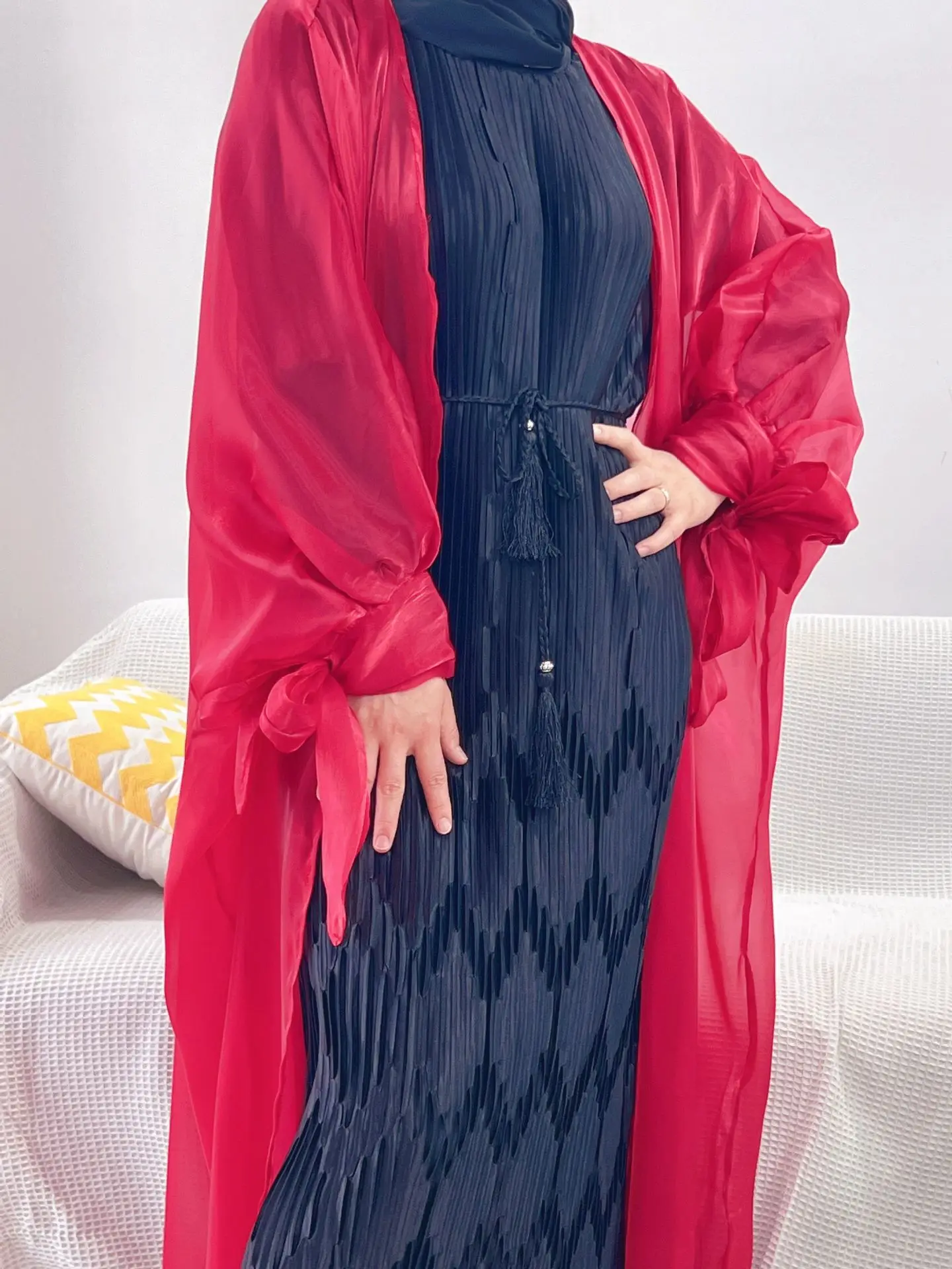 فستان إسلامي بأكمام منفوخة للنساء ، عباية دبي ، كي...