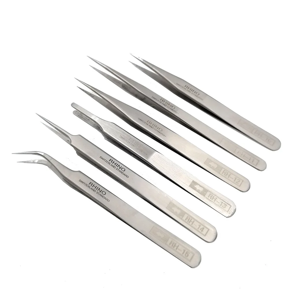 Japan RHINO RH Tweezers Anti-acid High-precision Super Hard Sharp for Repair Watch or Pick Bird Nest etc Small items 1 Set 6 pcs