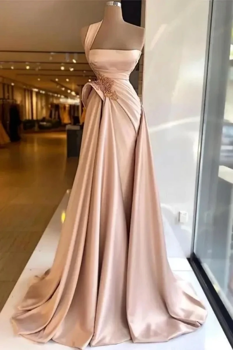 

Elegant Pink Satin One Shoulder Mermaid Evening Dresses Beaded Ruched High Split Sweep Train Formal Party Prom Gowns 2024