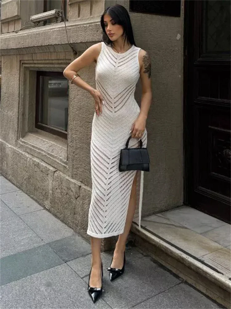 Knit Hollow Out Patchwork Maxi Dress Female High Waist Sleeveless Fashion See-Through Party Dress Women's Elegant Dress