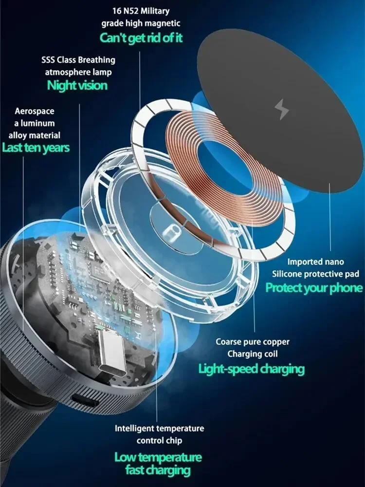 Qi2 15W 무선 차량용 충전기 LED 라이트 마그네틱 고속 충전 스탠드 (Magsafe 아이폰 17 16 15 14 13 12 에어벤트 폰 홀더)