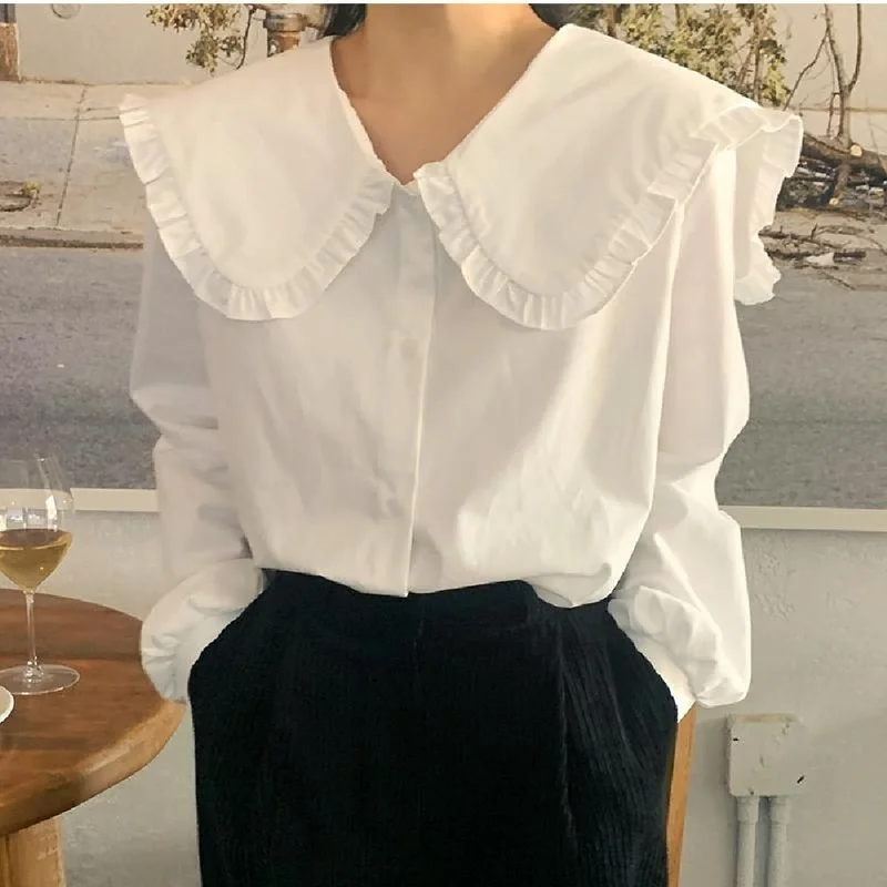 

White Fashion Blouse 2022 Spring Retro Pure Cotton Long-sleeved Top Women's Basic Girl Top Spring / Autumn Casual Chic Clothing