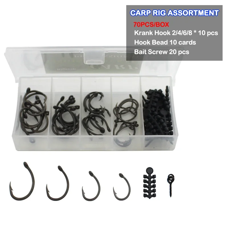 

70pcs PTFE Coating High Carbon Stainless Steel Krank Hook Micro Barb Carp Fishing Tackle Box For Carp Hair Rig Fishing Tackle