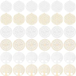 36Pcs 2 Colors 6 Styles Flat Round with Flower Filigree Pendants Rack Plating Brass Tree of Life Connector Charm Metal Hollow Ch