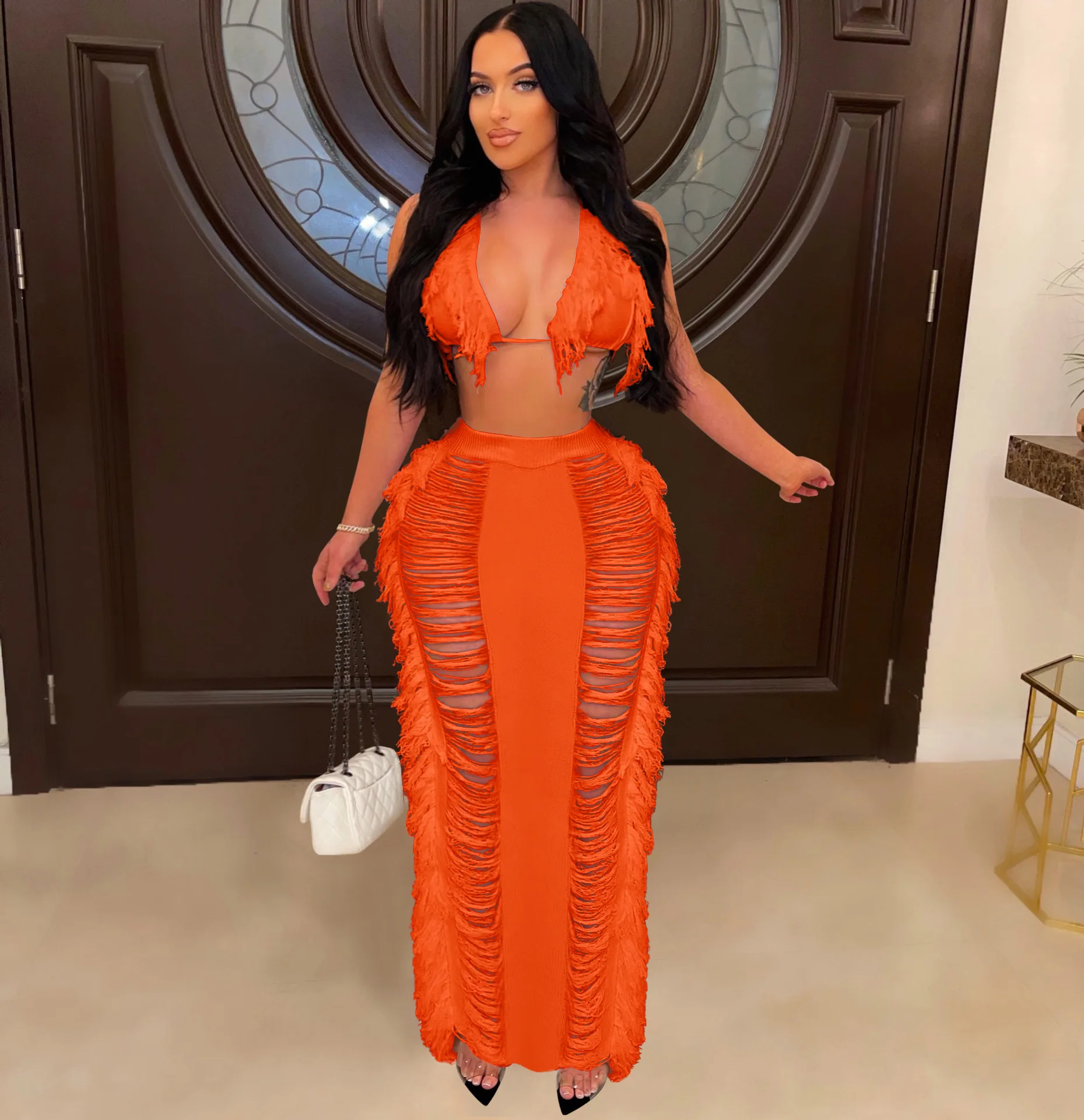 Women Beach Outfit Summer Fashion Knitted Tassel Halter Backless Bra And Skirts 2 Piece Set Swimwear Beachwear  Bikini Skirt Set