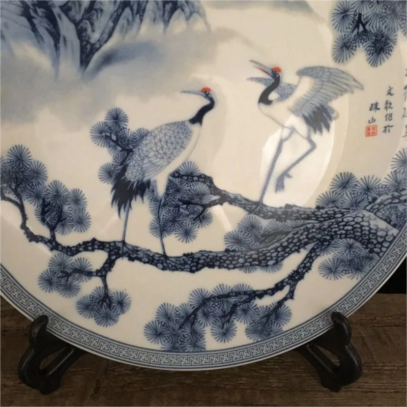 Blue And White Porcelain Pine Crane Porcelain Plate Antique Porcelain Feng Shui Home Decoration Decorative Plate Ornament ZF276 3