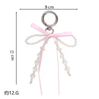 Porte-clés à nœud papillon perlé Y2k, ruban esthétique, pompon, pour femmes et filles, sac à main, clé de voiture, décoration de coque de téléphone 6