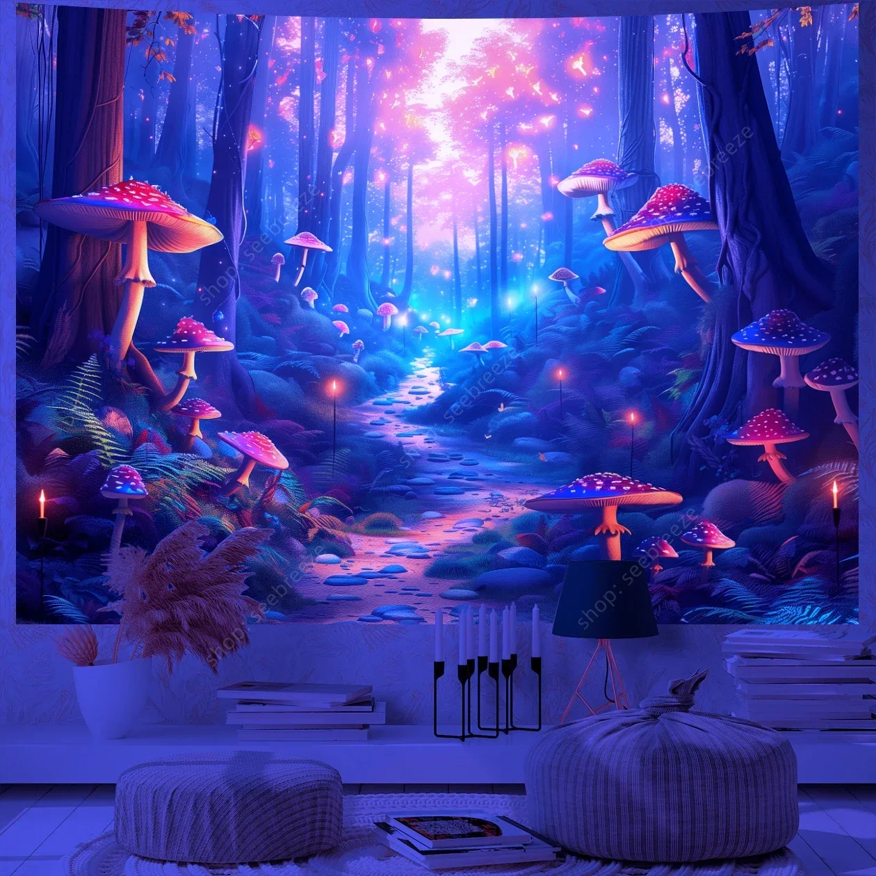 Tapestry Decor Fantasy Mushroom UV Reactive Floral Wall Hanging