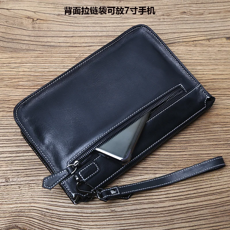 NZPJ Genuine Leather Men's Clutch Bag Natural Cowhide Wallet Large Capacity Mobile Phone Bag Casual Businesse Envelope for