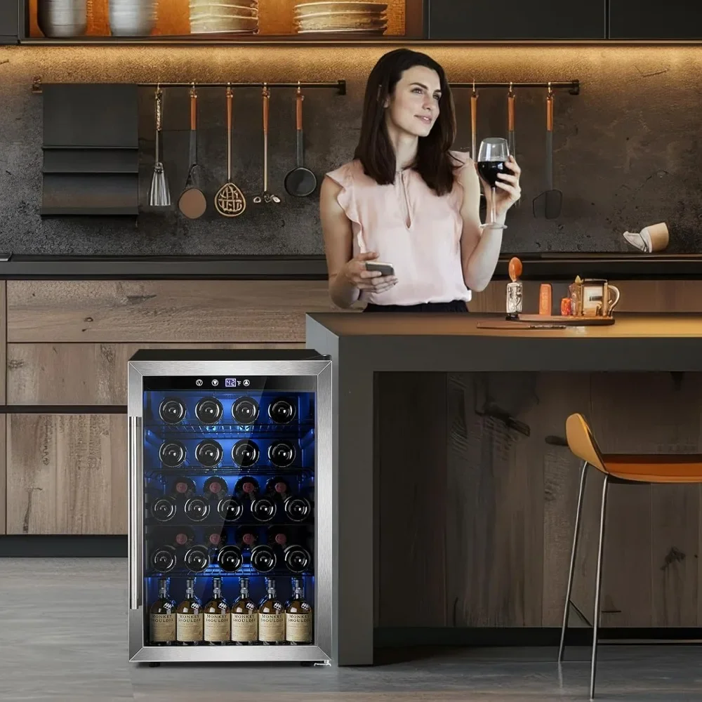 NEW-Wine Cooler 37 Bottle Freestanding Fridge with Stainless Steel Reversible Glass Door, 145 Can Beverage Refrigerator Quiet Co