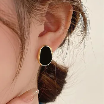 S925 Silver Needle Korean Retro Black Geometric Small Fashion Light Luxury High end Design Sense Earrings Women's Jewelry 1