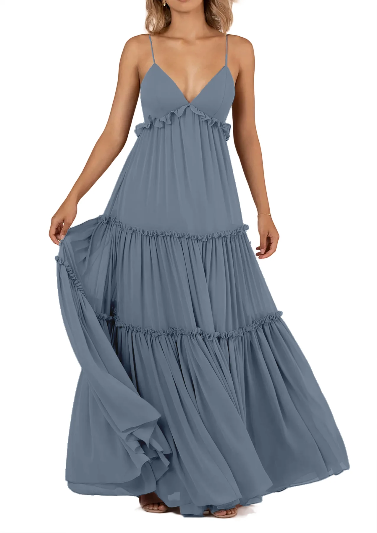 Chiffon V-neck Bridesmaid Dresses Spaghetti Straps A-line Ruffles Empire Waist Formal Evening Gowns Elegant Lace Up Party Dress