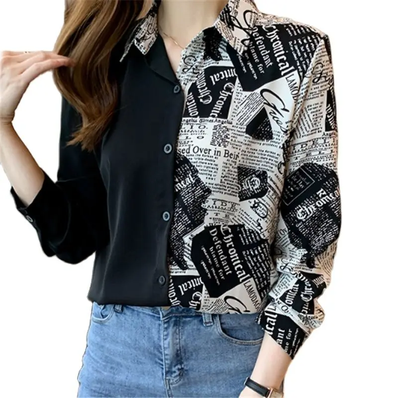 2023 Spring New Fashion Patchwork Alphabet Print Patchwork Lapel Long Sleeve Shirt Female Elegant And Youth Woman Blouses