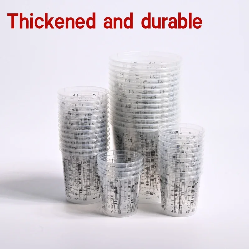 10 Stück Kunststoff-Farbmischbecher, 385/680/1370/2250 ml transparente Kalibrierungsbecher mit Deckel und Graduierung für präzises Mischen – Detail 1