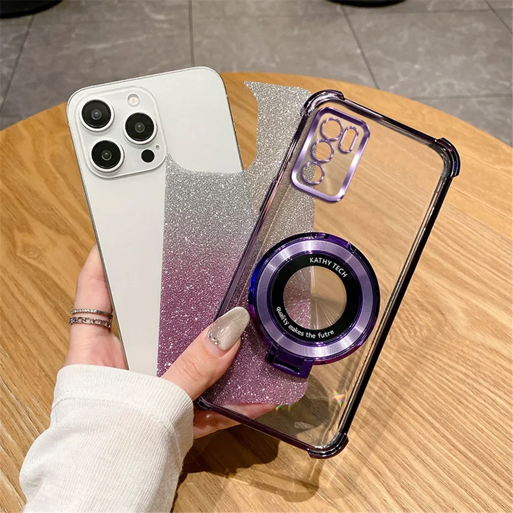 Glitter Shockproof Plating Phone Case with Bracket and Soft Stand Cover