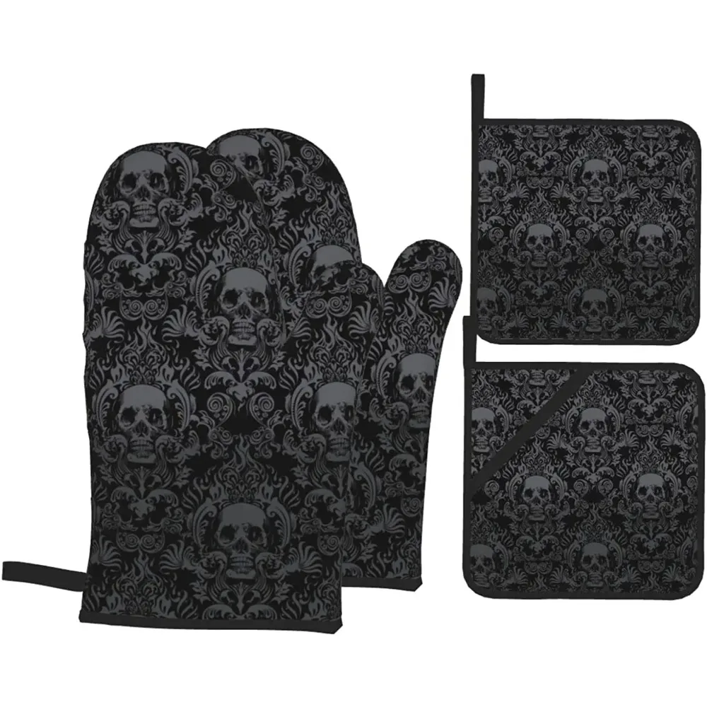 

Gothic Skull Flower Black Oven Mitts and Pot Holders Sets of 4 High Heat Resistant Oven Mitts with Oven Gloves and Hot Pads