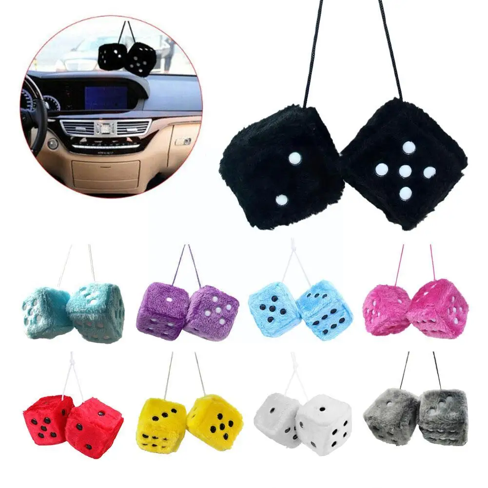 Fuzzy Plush Dice with Dots Retro Square Plush Hanging Mirror Fuzzy Dices for Pink Car Interior Ornament Decoration F3O7