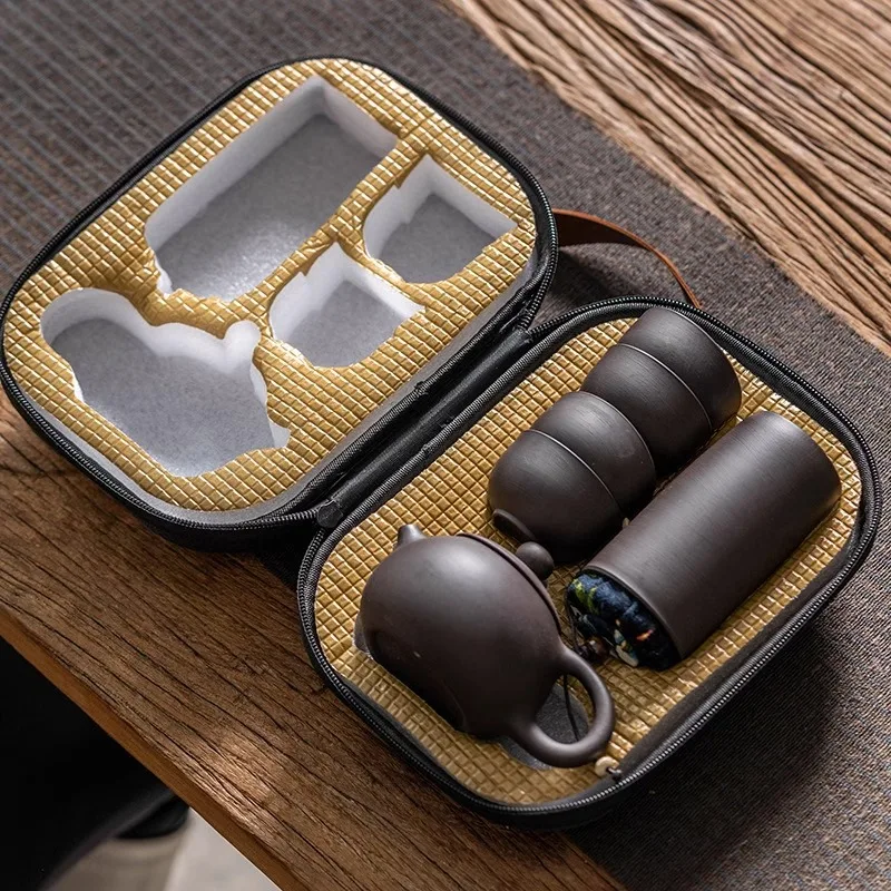 HMLOVE Purple Sand Tea Set Chinese Kung Fu Portable Travel Teaware Ceremony Puer Kettle Clay Pot 4 Cups Tea Can