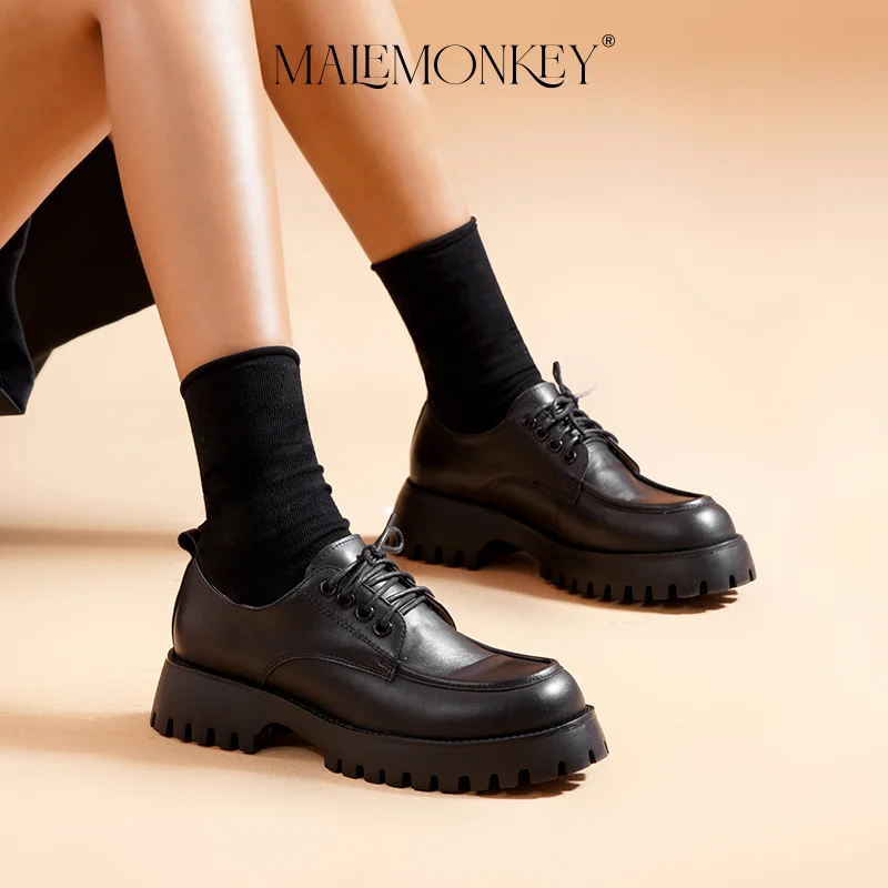 

Retro Platform Oxford Women Genuine Cow Leather 2023 Autumn High Qualtiy Loafers Shoes Round Toe Slip on Ladies Flats Handmade