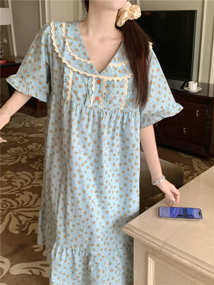 Soft Floral New Summer Print Flowers NightDress 100%Cotton Short Sleeve Pajama Set Women Cute Sweet Loose Casual Sleep Tops Ins