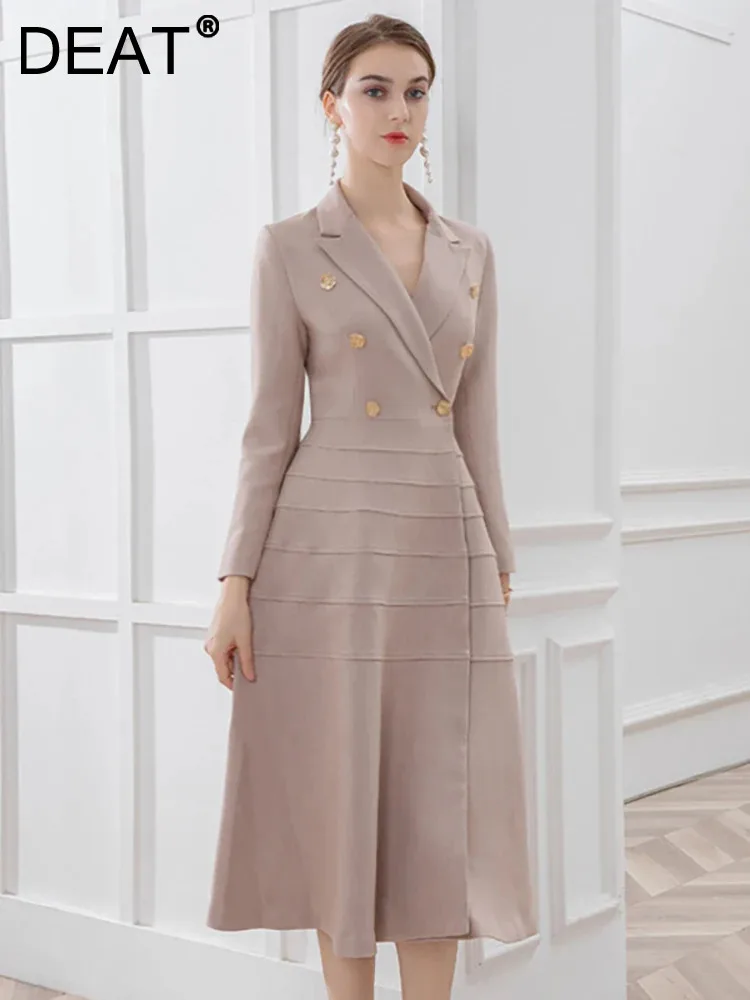 

DEAT Elegant Suit Dress Notched Collar Gold Double Breasted Long Slit Waist Women's Casual Dresses 2024 Spring New Tide 13DB2935