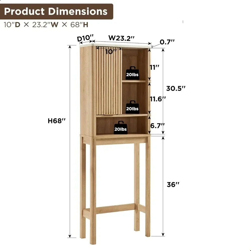 Toilet Storage Cabinet with Fluted Sliding Door, Profile Rack Organizer for Bathroom, 68" Wood Space Saver w/ Adjustable Shelf
