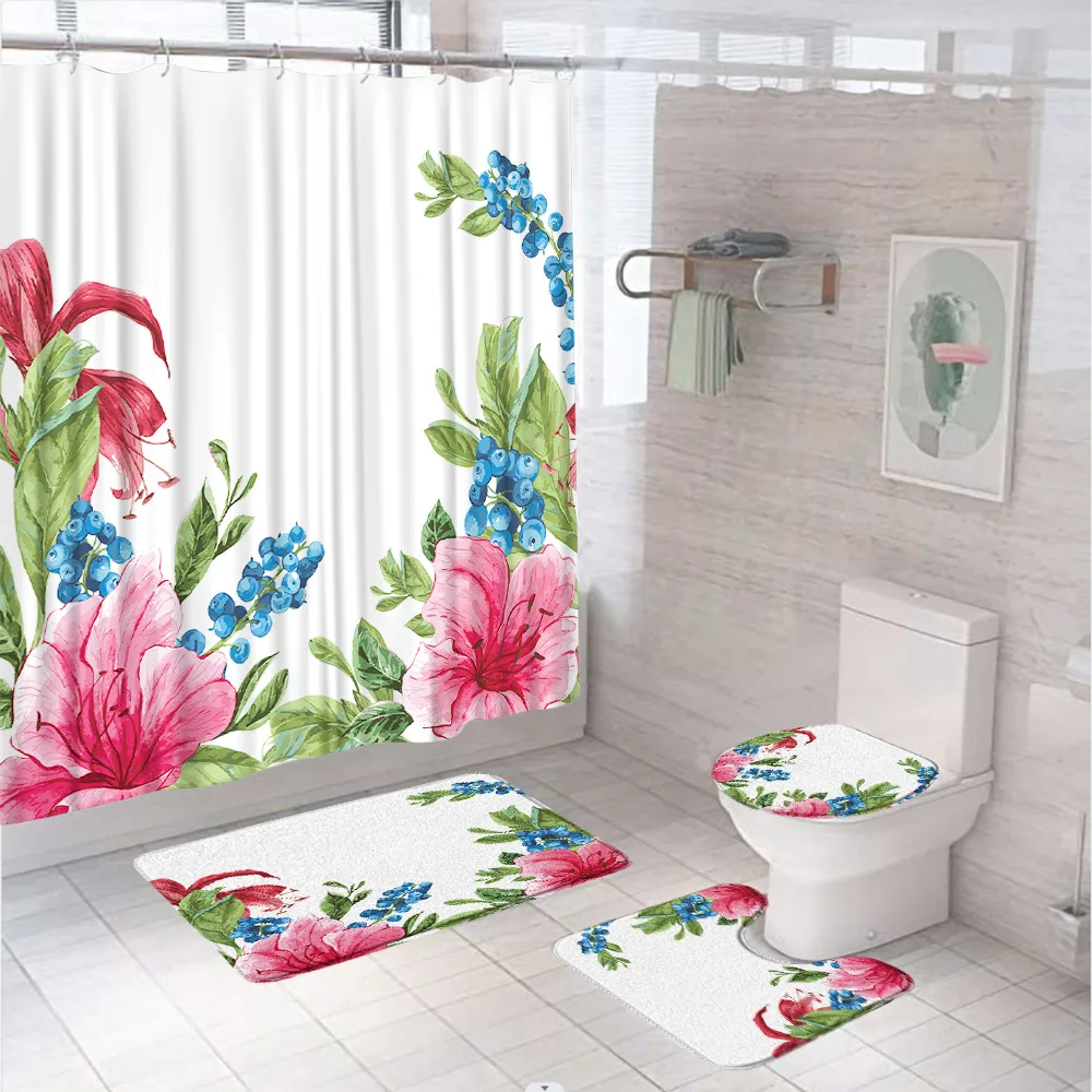 

Colorful Flower Plant Shower Curtains Sets Anti-slip Rug Toilet Cover Bath Mat Tropical Palm Leaves Bathroom Curtain Waterproof
