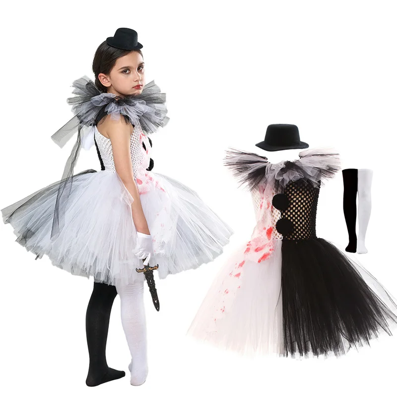 

Girls Cosplay Black and White Patchwork Dress Halloween Carnival Party Gothic Scary Clown Costume Cartoon Tulle Dress Suit