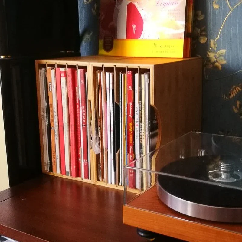 Classical Black Gum Record Shelf, Nostalgic LP and Vinyl Storage Rack, with Detachable Baffle, CD Organizer, for Music Lovers
