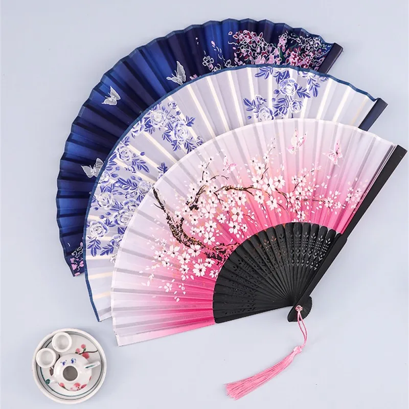 Vintage Style Silk Folding Fan Chinese Japanese Pattern Art Craft Gift Home Decoration Ornaments Dance Hand Fan