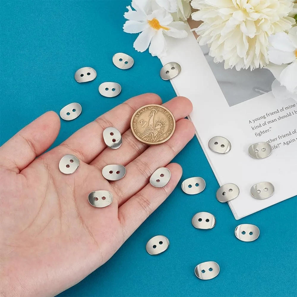 20pcs 304 Stainless Steel Sewing Button Curved Flat Oval Buttons with 2-Hole for Bracelet Making and Crafting 14x10x1mm Hole 2mm 4