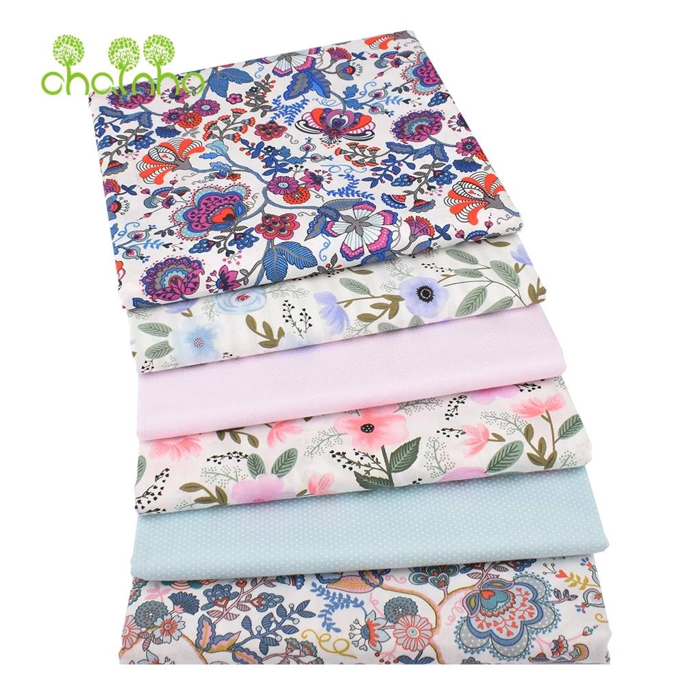 Chainho,Printed Twill Weave Cotton Fabric,DIY Sewing Quilting Material,Patchwork Cloth,6 Designs Flowers Series,2 Sizes,15C288