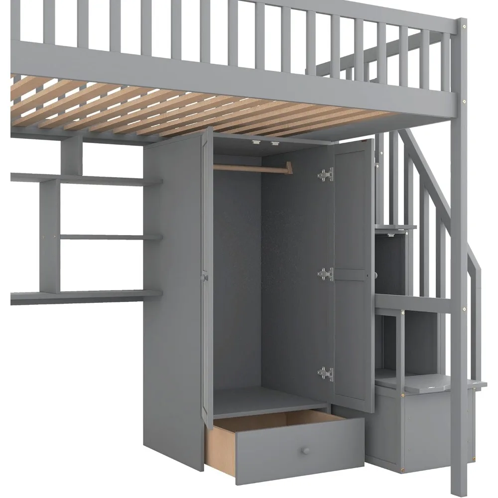 Bunk Bed,Full Loft Beds Stairway Loft Bed Frame with Wardrobe, Desk, Bookcase and Drawers, Solid Wood Bunk Beds 4