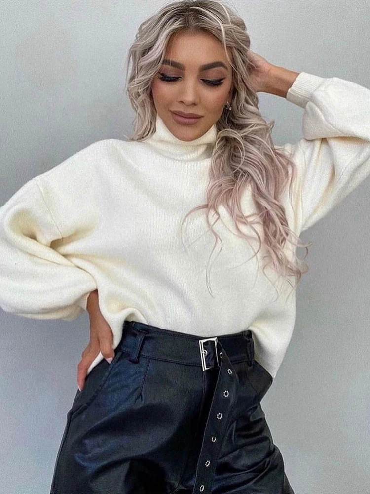 

Women Turtleneck Sweater Autumn Winter Long Sleeve Warm Knitted Pullover Female Fashion Solid Oversized Casual Loose Soft Jumper