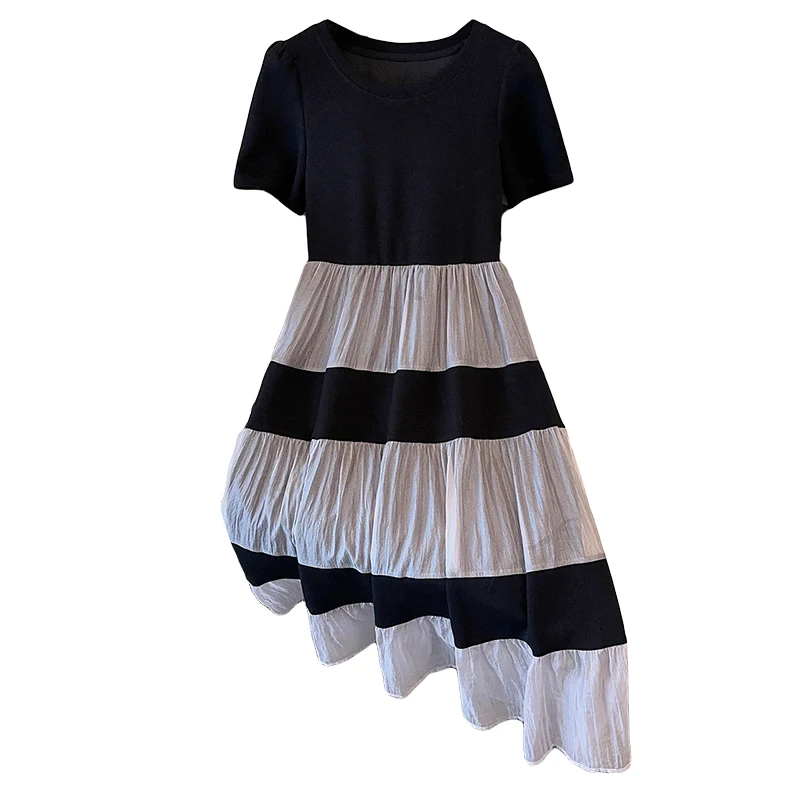 

Large Size Women Long T-shirt Dress O Neck Short Sleeve Casual Female Elegant Summer A Line Black Patchwork Party Vestidos Robe