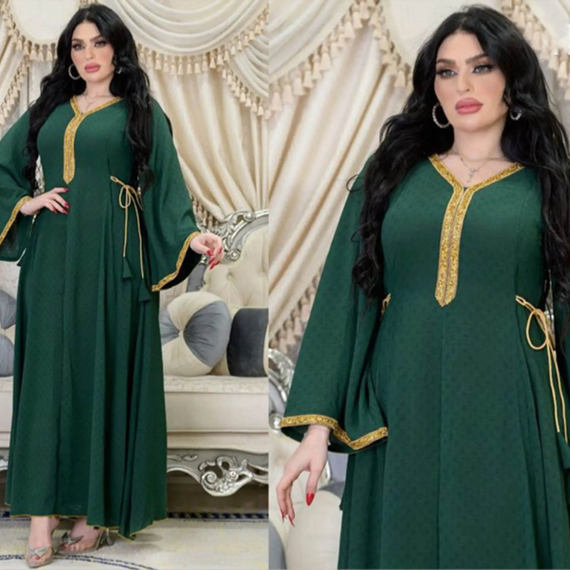 

Moroccan Abaya Basic Chic Solid Long Dress Diamonds Full Sleeve V-Neck Sashes Muslim Casual Elegant Evening Dress Women Clothing