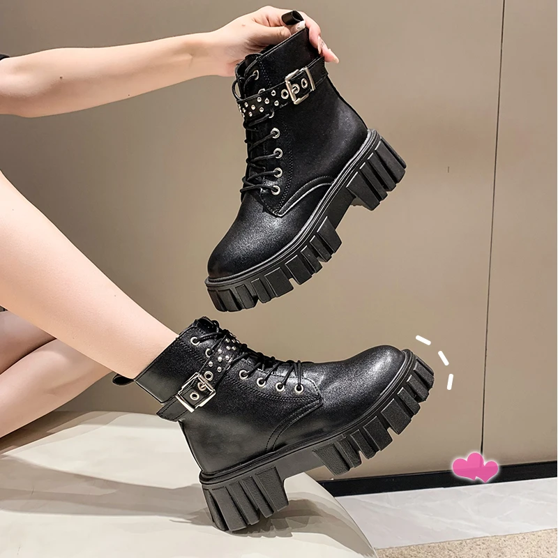 Ladies Shoes 2023 Fashion Ankle Women's Boots Platform Boots Women Rivet Belt Buckle Lace Up Side Zip Round Toe Ladies Shoes
