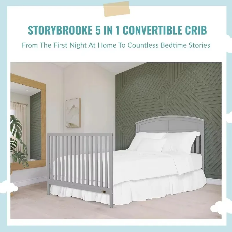 5 in 1 Convertible Crib in Pebble Grey, JPMA & Greenguard Gold Certified, Built of Sustainable Pinewood 5