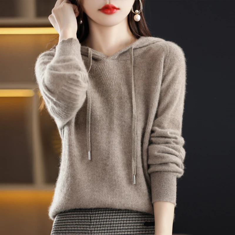 Merino Wool Hooded Sweater Women's Autumn/Winter New Long Sleeve Solid Color Pullover Cashmere Knit Hooded Drawstring Pullover