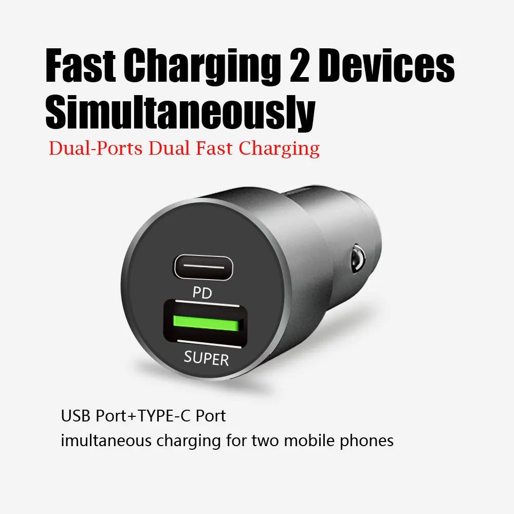 60W Metal USB Car Charger Dual Port PD QC Fast Charging For Iphone13 12 AFC for Samsung S21 Xiaomi OPPO Type C Phone charger