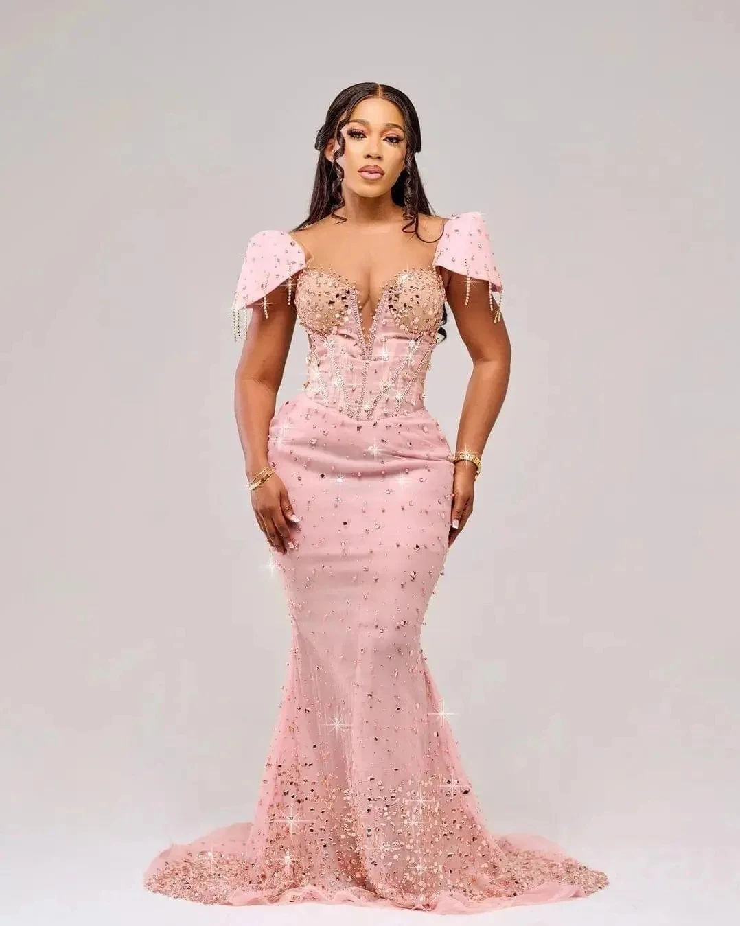 

Pink African American Prom Dresses Mermaid Sheer Satin Beaded Black Girls Nigeria Robe De Soiree Evening Dresses Gown