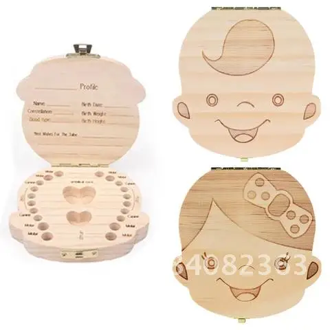 

Wooden Tooth Box for Spanish/French/Russian/English Save Baby Teeth Storage Box for Wood Collecting Teeth Umbilical Cord Lanugo