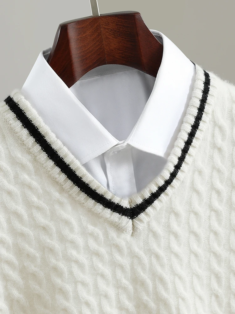 ADDONEE High Quality Men's Cashmere Sweater V-neck Twist Flower Preppy Style Pullover 100% Cashmere Knitwear For Autumn Winter 6