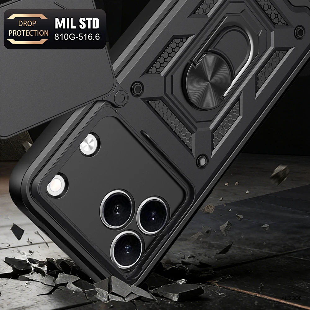 Shockproof Phone Cover with Slide Camera Lens and Ring Stand Holder