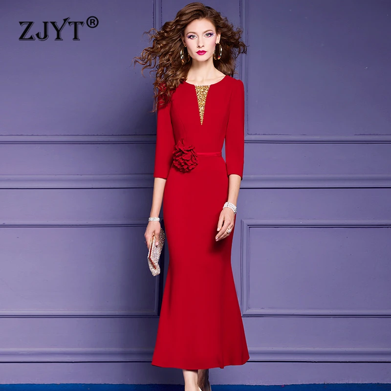

ZJYT Long Mermaid Red Wedding Evening Party Dresses for Women Luxury Elegant Beading 3D Floral Special Occasion Dress Formal 4XL